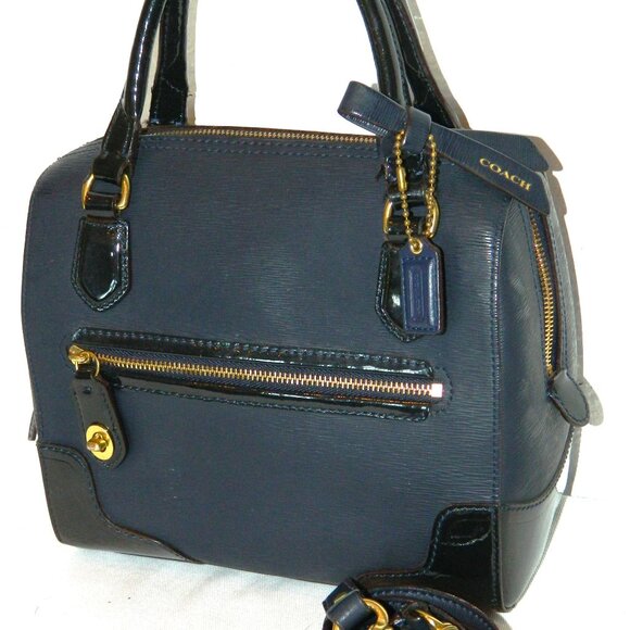 Coach Navy Textured Patent Leather Boston Bag - Picture 3 of 11